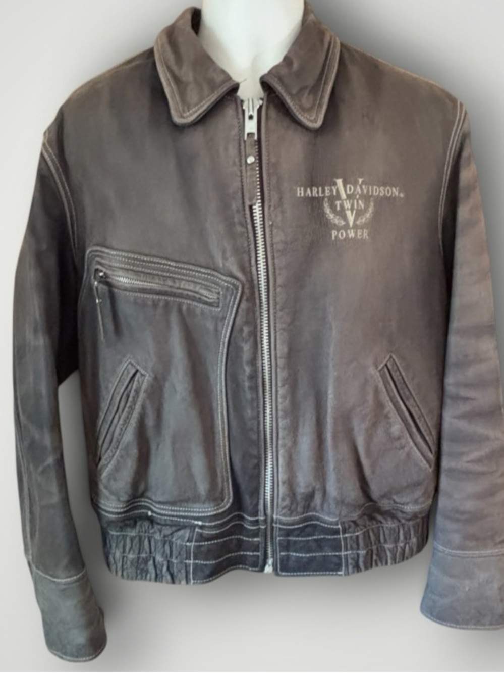 Harley Davidson Vintage Twin V Power Distressed Brown Leather Bomber Moto Jacket